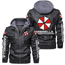(Brown, M) Resident Evil Umbrella Corporation Print PU Leather Jacket Men's Cosplay Motorcycle Coat