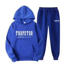 (blue, L) TRAP Letter Print Tracksuit Set Unisex Fleece Hoodie Two Piece Loose Casual