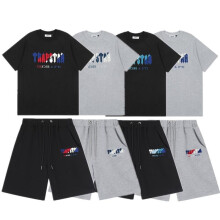 (gray, XL) Trap Gradient Letter Towel Embroidered T-Shirt Shorts Set White Blue Men Couple Summer