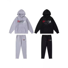 (black, M) Trap Red Black Towel Embroidery Fleece Hoodie Set Unisex Loose Streetwear Tracksuit