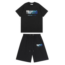 (black, M) Trap Gradient Letter Towel Embroidered T-Shirt Shorts Set White Blue Men Couple Summer