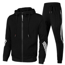 (Black, XL) Men's Tracksuit 3 Stripes Hooded Zip Up Casual Sports Set Fashion Sweatsuit