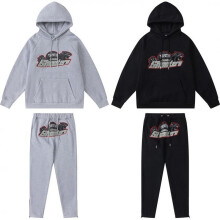 (Black, M) Tra Red Black Tiger Head Embroidered Letter Fleece Hoodie Unisex Loose Sweatpants Set Streetwear