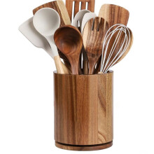 Porte-Ustensiles de Cuisine Rotatif Ă 360 en Bois, Style Campagnard, Organisateur de Rangement Cylindrique pour Couverts sur le Comptoir