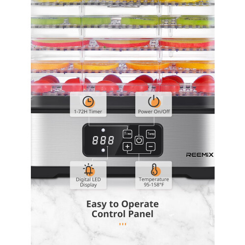 Food Dehydrator with 5 Stackable Trays, Stainless Steel Base for Kitchen Countertop, Adjustable Timer & Temperature Touch Control for Dried Fruit, Her 1