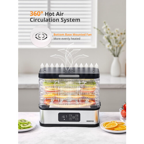 Food Dehydrator with 5 Stackable Trays, Stainless Steel Base for Kitchen Countertop, Adjustable Timer & Temperature Touch Control for Dried Fruit, Her 2