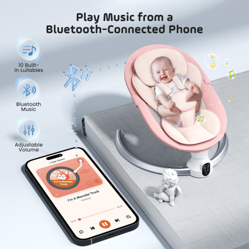 Balançoire électrique pour bébé, 5 angles de balancement, Bluetooth, 3 minuteries, Rose 1