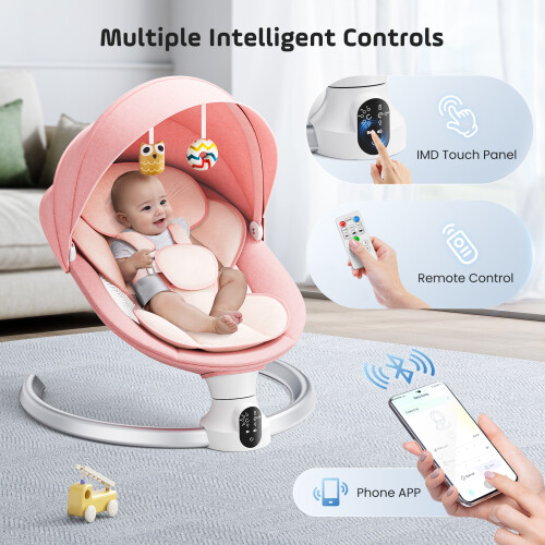 Balançoire électrique pour bébé, 5 angles de balancement, Bluetooth, 3 minuteries, Rose 2