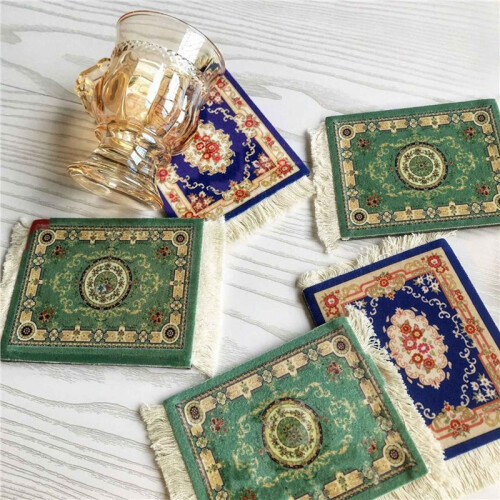 8X  Persian Woven Coasters Carpet Pattern Coaster Dining Table Decoration Technology.-Green
