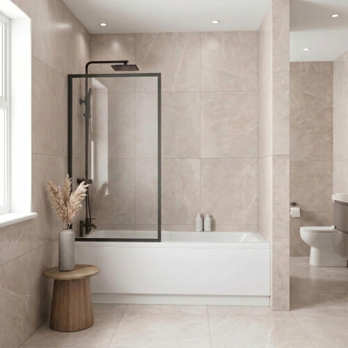 Luxura Square Fixed Bath Shower Screen 800mm - Matt Black 6mm 1