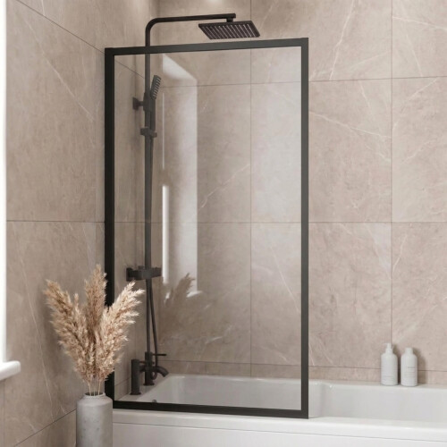 Luxura Square Fixed Bath Shower Screen 800mm - Matt Black 6mm