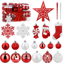 Adornos Navideños para Árbol de Navidad con Estrella para la Punta, Juego de 128 Rojo y Blanco