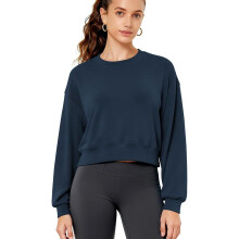 Crop Top Femme Oversize en Modal Manches Longues Respirant Bleu Marine — haut yoga femme, tshirt ample modal