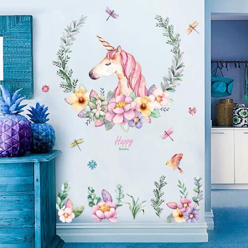Sticker Mural Licorne Fleurs Décoratif Rose 110 x 110 cm