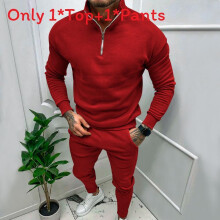 (Red,M)Men Fleece Lined Long Sleeve Top And Trousers Set With Cotton Blend Material For Winter Wear