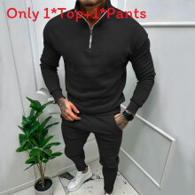 (Black,M)Men Fleece Lined Long Sleeve Top And Trousers Set With Cotton Blend Material For Wear Winter