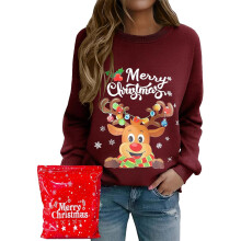 Sudadera Navideña de Mujer con Renos, Manga Larga, Roja, Talla L