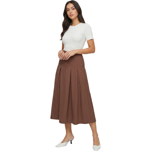 Falda midi plisada para mujer, corte evasé en A, cómoda, elástica, marrón, talla L