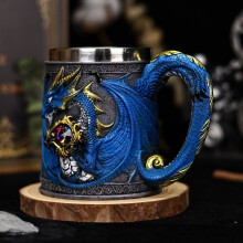 (Blue)Tasse à café classique en acier inoxydable avec ornement dragon et strass décor quotidien pour