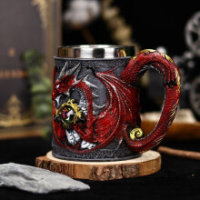 (Red)Tasse à café classique en acier inoxydable avec ornement dragon et strass décor quotidien pour