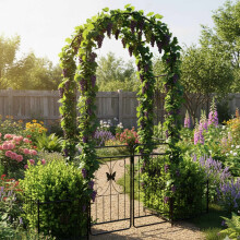 Tuinboog met poort en plantenbakken, metalen pergola