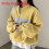 (Yellow, 2XL) Womens Color Solid Sweatshirt With Letter Prints And Stand For Daily Collar 1