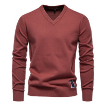 (BrickRed,XL)Minimalist Cotton Vneck Pullover For Young Men Autumn Season With Color Solid