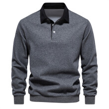 (Dark Gray, XL) Cotton Long Sleeve Polo Neck Sweatshirt With Solid Color Design Men For Casual