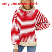 (Red White, M) Urban Comfortable Style Round Neck Sweatshirt With Stripes Women Autumn For
