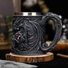 (Gray)Tasse à café classique en acier inoxydable avec ornement dragon et décor strass pour quotidien