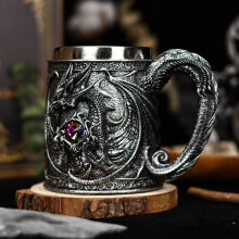 (Silver)Tasse à café classique en acier inoxydable avec ornement dragon et décor strass pour quotidien