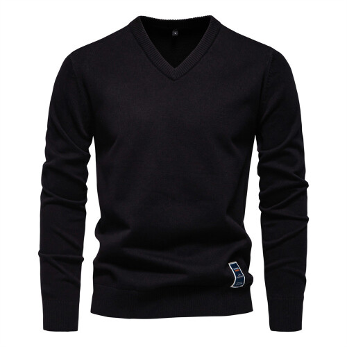 (Black,S)Minimalist Cotton Vneck Pullover For Young Men Autumn Season With Solid Color