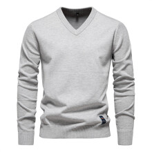 (LightGray,L)Minimalist Cotton Vneck Pullover For Young Men Autumn Season With Solid Color