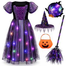 MELAND Witch Costume Kids, Light Up Halloween Costumes for Girls Aged 3-10