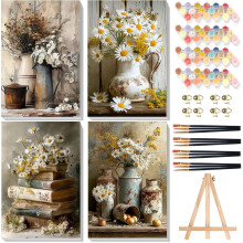 4 Pack Flower Paint by Numbers for Adults with Framed Canvas Wooden Easel