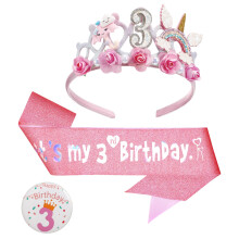 3th Birthday Decorations for Girls with Floral Crown Glitter Sash and Badg
