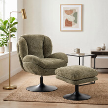 HOMCOM Chenille Lazy Chair with Ottoman, 360 Swivel, Dark Green