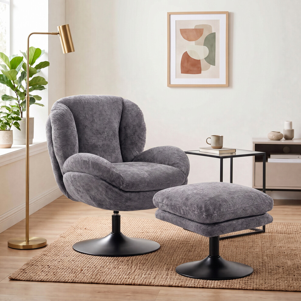 Homcom Chenille Lazy Chair With Ottoman, 360 Swivel, Dark Grey