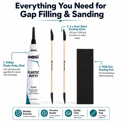 Premium Vallejo plastic Putty 20ml with 3 X Precision Sanding Applicators F 1