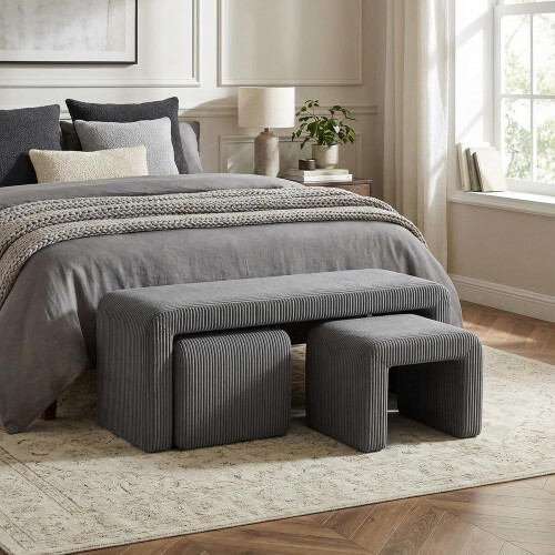 (Grey) 3pcs Nesting Ottoman Bench W/ 2 Footstools 1