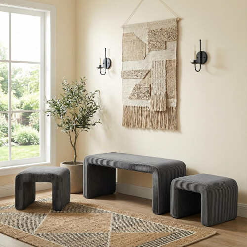 (Grey) 3pcs Nesting Ottoman Bench W/ 2 Footstools