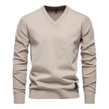 (Apricot,L)Minimalist Cotton Vneck Pullover For Young Men Autumn Season With Solid Color