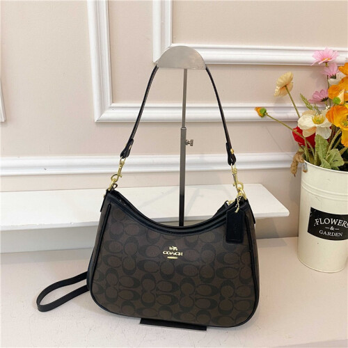 (Brown, 29*22*9) Retro old flower crescent armpit shoulder bag