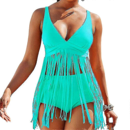 Costume da bagno da donna a due pezzi con tankini imbottito e frange, pantaloncini e canotta.