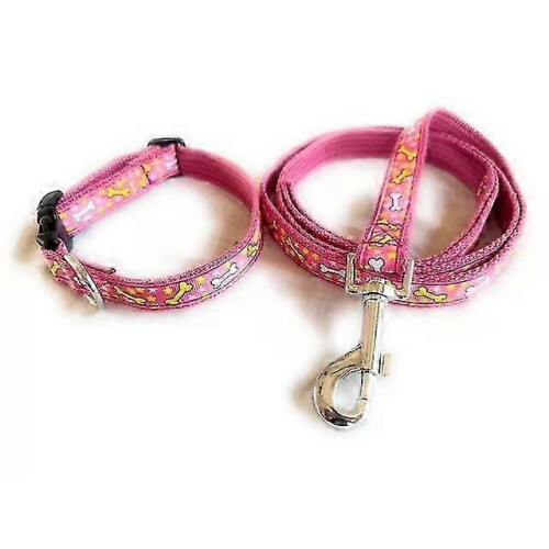Cute Dog Collar and Leash Set with Pink Bones Pattern for Walking
