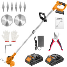 JYGMPRO Cordless Strimmer 21V, Garden Strimmer with 2 Batteries 2.0Ah, 6 Metal Blades, 2 Circular Saw Blades, Adjustable Handle, Telescopic Tube