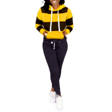 (BlackYellow,M)2pcs Women Striped Tracksuit Jogging Gym Sports Hoodies Sweatshirt Pants Suit