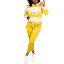 (Yellow,2XL)2pcs Women Striped Tracksuit Jogging Gym Sports Hoodies Sweatshirt Pants Suit