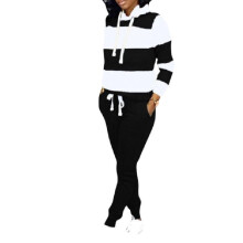 (Black,L)2pcs Women Striped Tracksuit Jogging Gym Sports Hoodies Sweatshirt Pants Suit