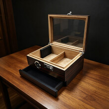 WestWood Ebony Grain Cigar Humidor W/ Combination Lock Glass Window Drawer CH20